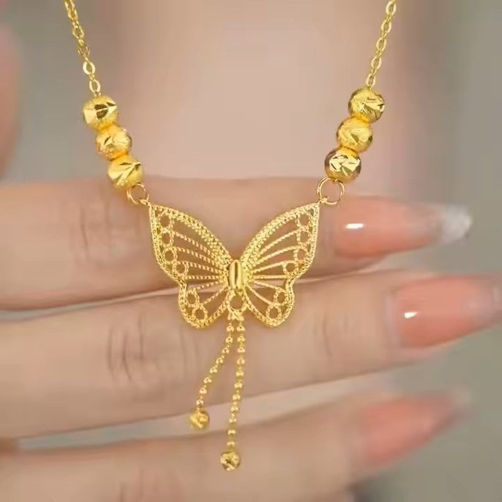 New Tassel Beads Butterfly Necklace Women's Light Luxury Simple All-match Elegant Hollow Necklace
