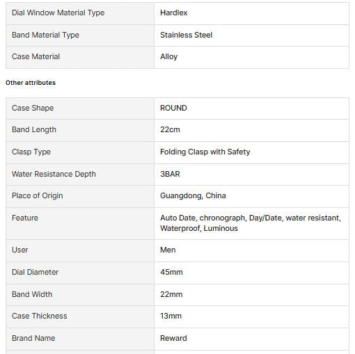 REWARD VIP 81011 Business for Men's Watch Waterproof 30MT