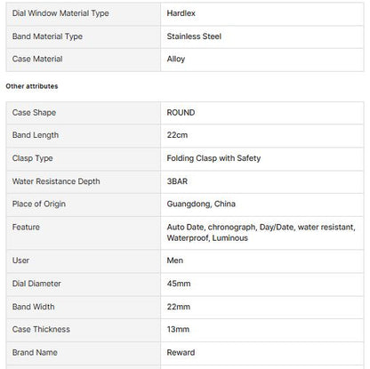 REWARD VIP 81011 Business for Men's Watch Waterproof 30MT