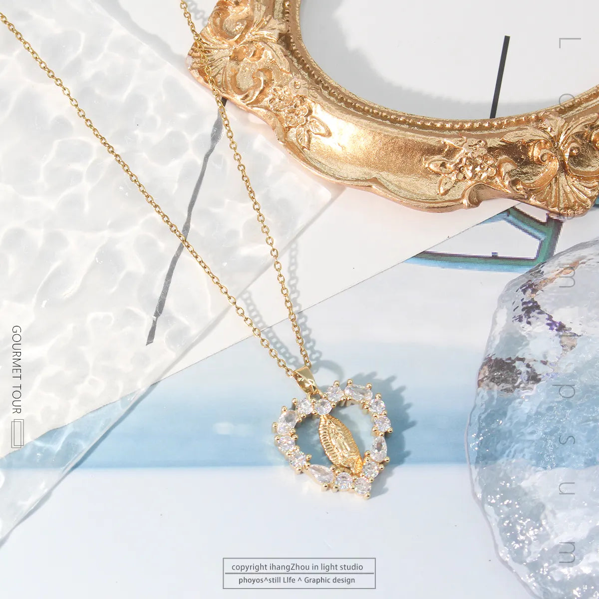 Heart-Shaped Virgin Mary Pendant Necklace 18K Gold Plated Stainless Steel with Link Chain for Gift