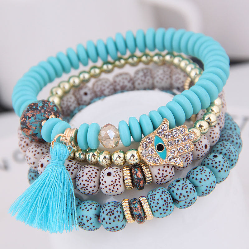 4 Pieces Stackable Crystal Bracelet Handmade Tassel Pendants Fine Bracelets for Women