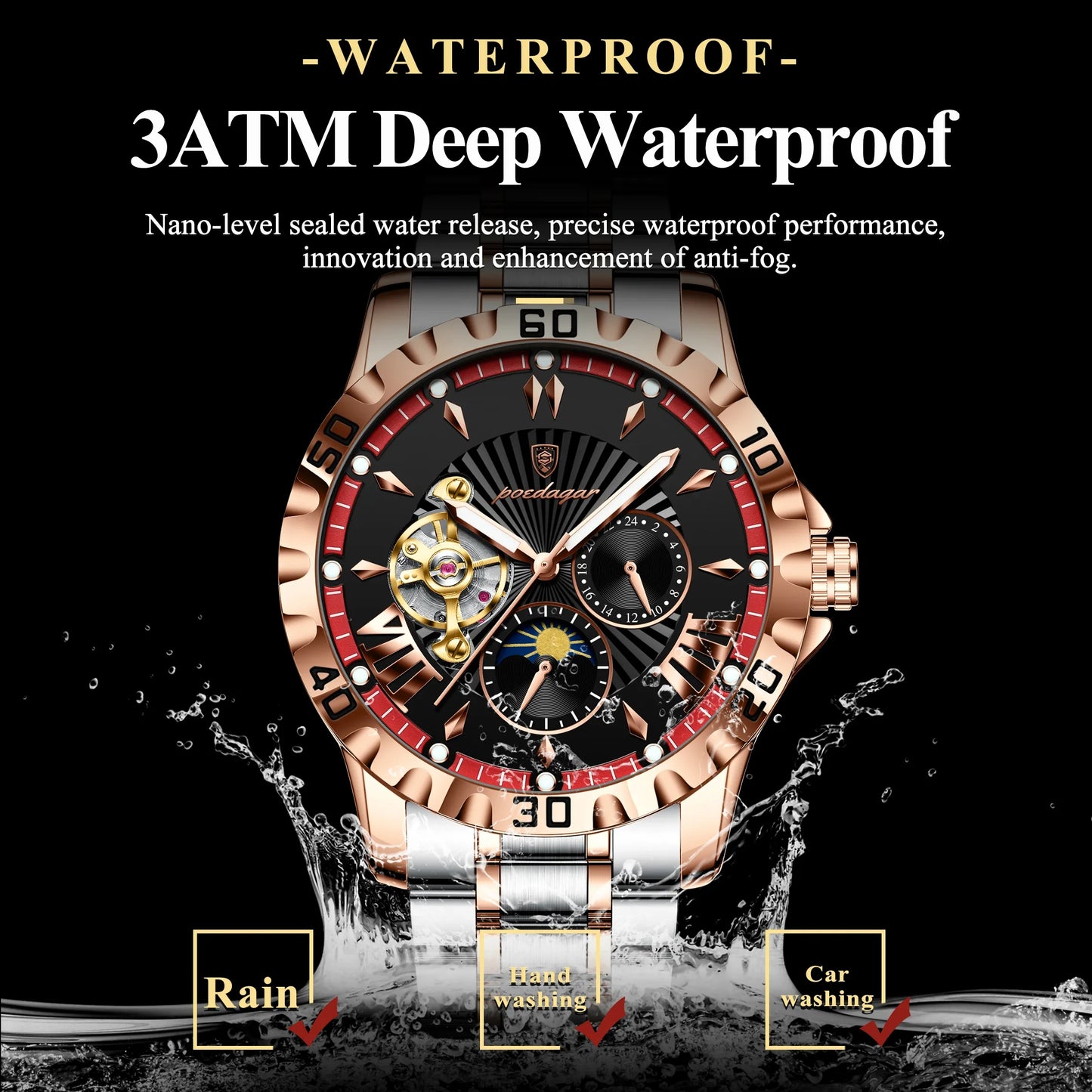 POEDAGAR 1415 Luxury Men Hollow Out Tourbillon Automatic Mechanical Waterproof Luminous Stainless Steel Watches For Men's