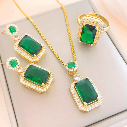 Luxurious Ruby Red and Green Jewelry Set – Elegant Gold-Plated Necklace, Earrings & Ring