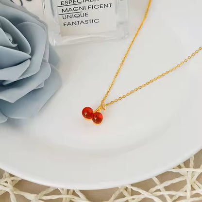 Gold Plated Stainless Steel Necklaces Zircons Red Cherry Pendant Necklace