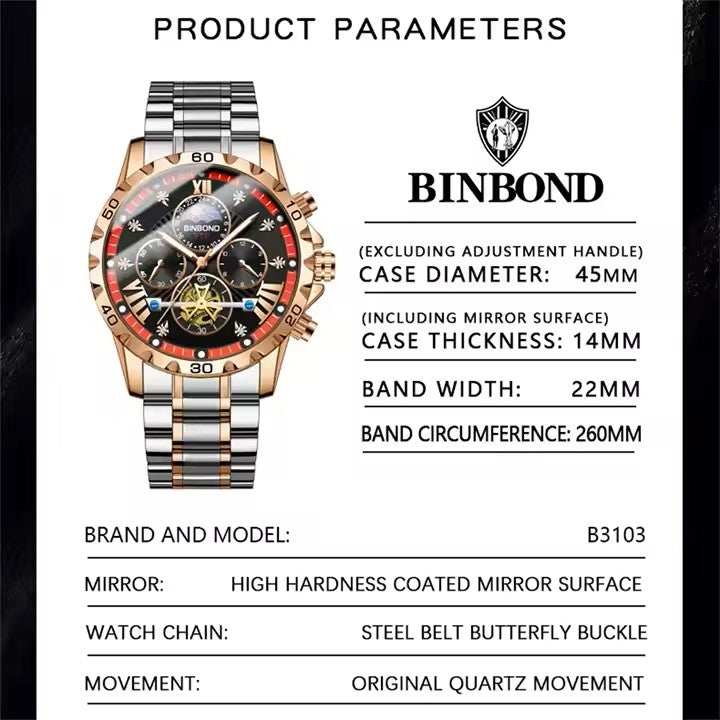 BINBOND And DEDIMA Men's Fashion Watches Stainless Steel Quartz Watch for Men High Quality Luxury Waterproof Luminous Date Men Wristwatch