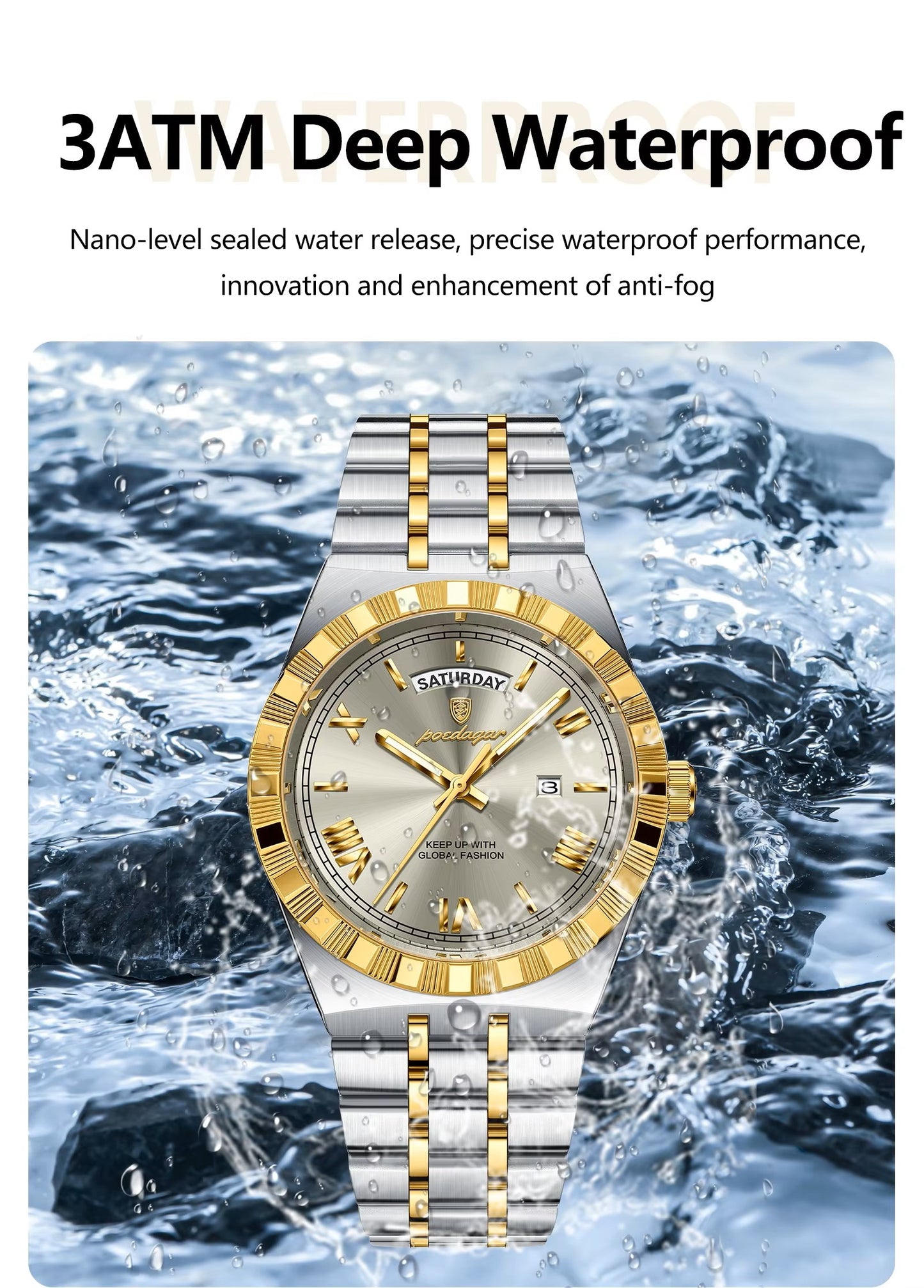 POEDAGAR 675 Men Wristwatch Stainless Steel Strap Quartz Luxury Top Classic Week Date Calendar Waterproof Luminous Watch for Man