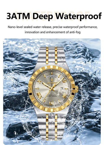 POEDAGAR 675 Men Wristwatch Stainless Steel Strap Quartz Luxury Top Classic Week Date Calendar Waterproof Luminous Watch for Man