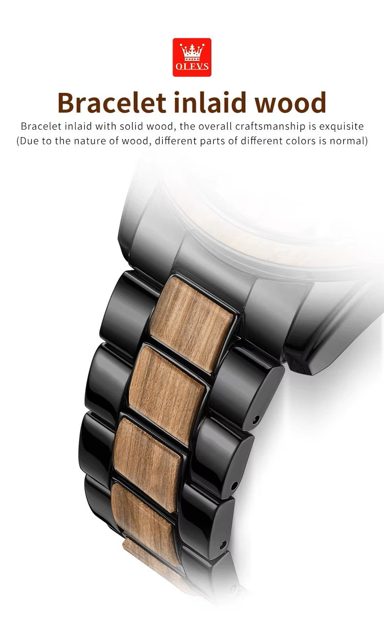 OLEVS 3645 Chronograph Luminous Hands Waterproof Stainless Textured Solid Wood Watch  for Men's