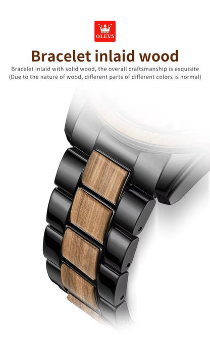 OLEVS 3645 Chronograph Luminous Hands Waterproof Stainless Textured Solid Wood Watch  for Men's