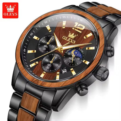 OLEVS 3645 Chronograph Luminous Hands Waterproof Stainless Textured Solid Wood Watch  for Men's