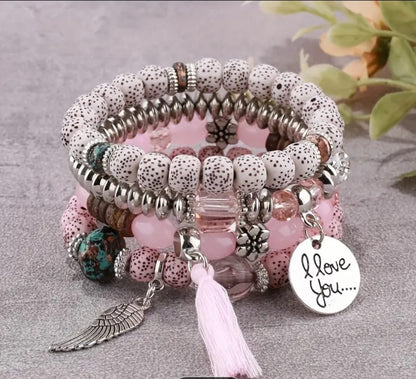 4 Pieces Stackable Crystal Bracelet Handmade Tassel Pendants Fine Bracelets for Women