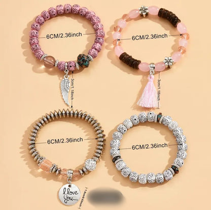 4 Pieces Stackable Crystal Bracelet Handmade Tassel Pendants Fine Bracelets for Women