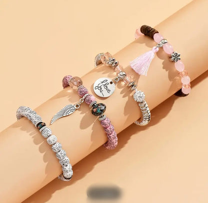 4 Pieces Stackable Crystal Bracelet Handmade Tassel Pendants Fine Bracelets for Women