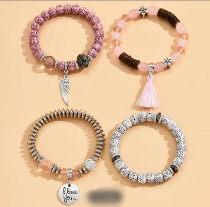 4 Pieces Stackable Crystal Bracelet Handmade Tassel Pendants Fine Bracelets for Women