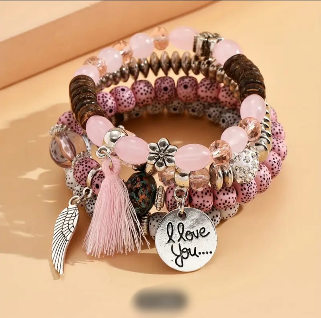 4 Pieces Stackable Crystal Bracelet Handmade Tassel Pendants Fine Bracelets for Women