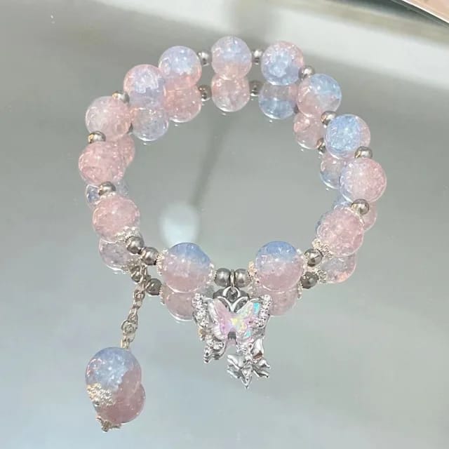Blue,Clear,Crystal,and Pink, Green, and Read, Black, Bracelet with Butterfly Charm
