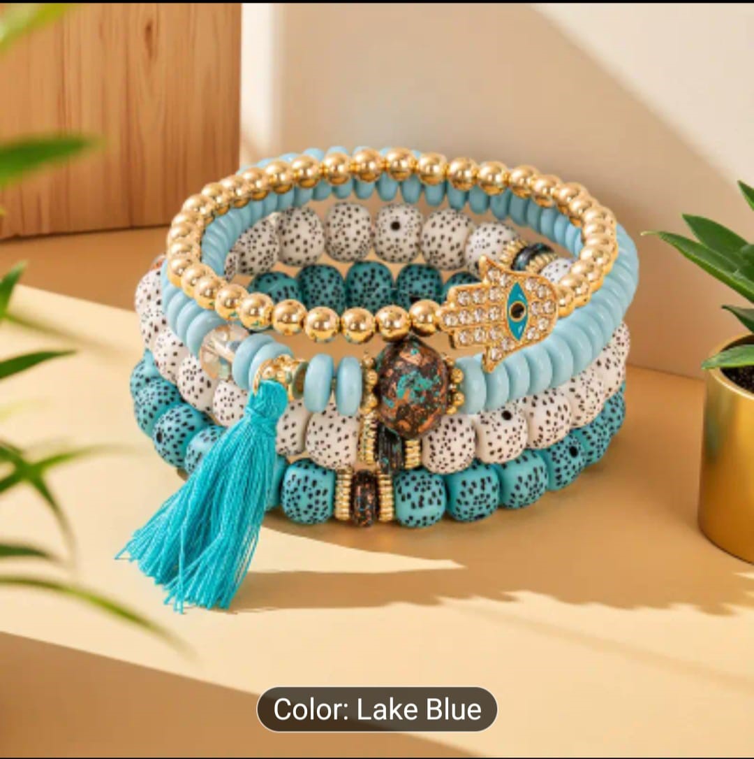 4 Pieces Stackable Crystal Bracelet Handmade Tassel Pendants Fine Bracelets for Women