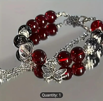 Blue, Clear, Crystal, and Pink, and Read, Black, Bracelet with Butterfly Charm