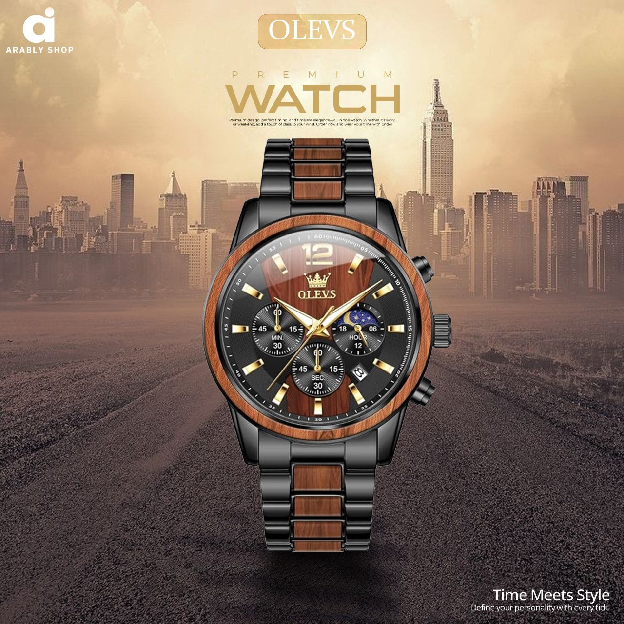 OLEVS 3645 Chronograph Luminous Hands Waterproof Stainless Textured Solid Wood Watch  for Men's