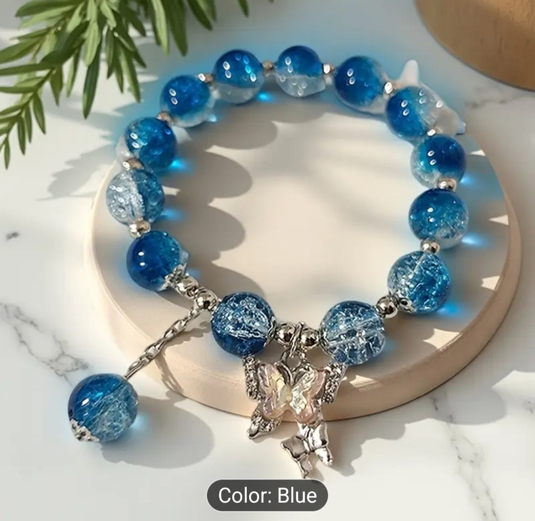 Blue, Clear, Crystal, and Pink, and Read, Black, Bracelet with Butterfly Charm