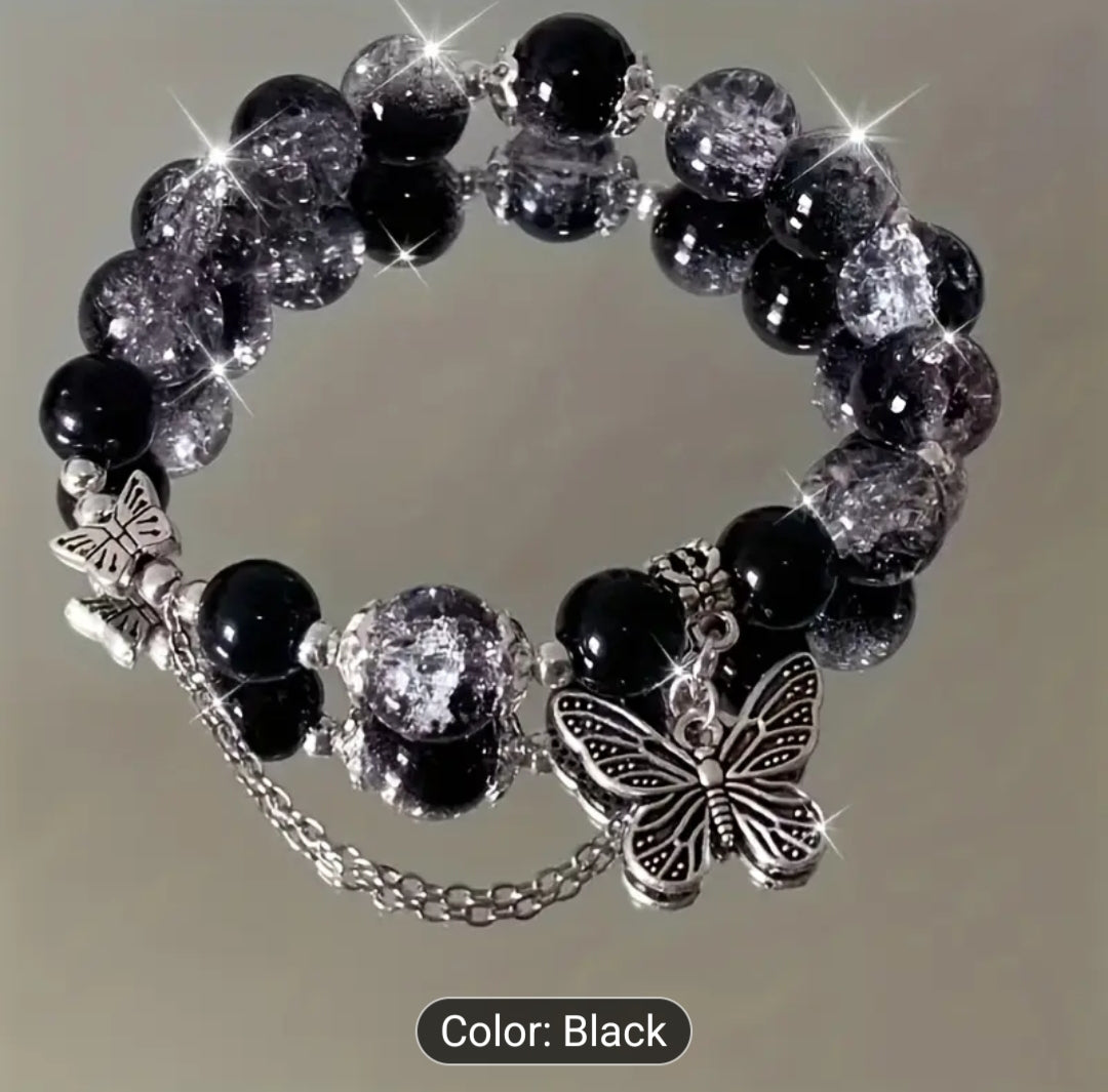 Blue, Clear, Crystal, and Pink, and Read, Black, Bracelet with Butterfly Charm