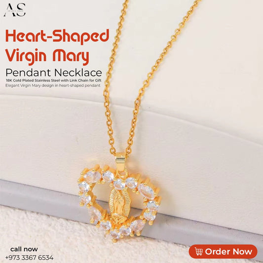 Heart-Shaped Virgin Mary Pendant Necklace 18K Gold Plated Stainless Steel with Link Chain for Gift