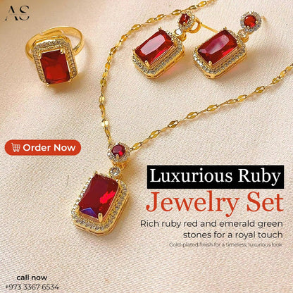 Luxurious Ruby Red and Green Jewelry Set – Elegant Gold-Plated Necklace, Earrings & Ring