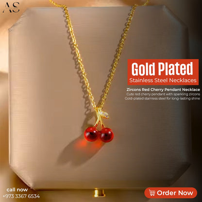 Gold Plated Stainless Steel Necklaces Zircons Red Cherry Pendant Necklace
