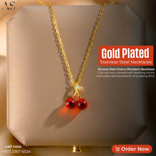 Gold Plated Stainless Steel Necklaces Zircons Red Cherry Pendant Necklace